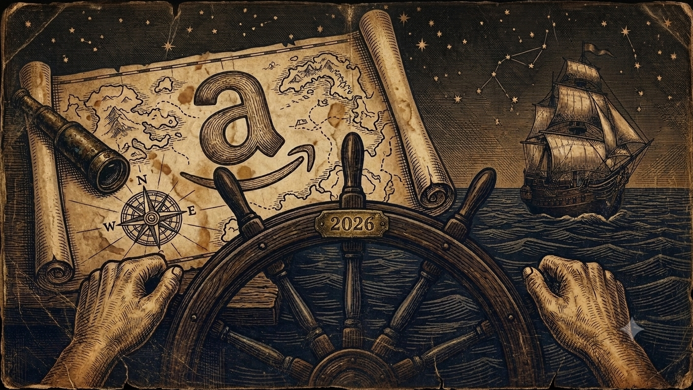 Agencia de marketing para Amazon. Cómo elegir la mejor para impulsar tus ventas en 2026. Ilustración xilográfica de un timón con manos firmes y galeones al fondo.