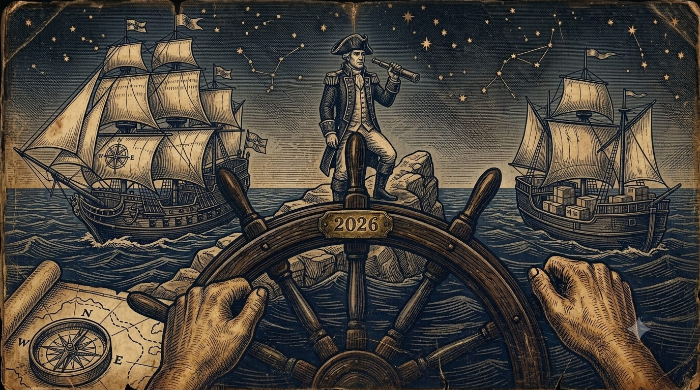 Amazon FBA vs FBM. Guía para elegir la mejor opción para tu negocio en Amazon en 2026. Ilustración xilográfica de un comandante evaluando dos barcos que representan FBA y FBM.