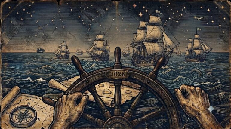 Gestión de cuentas de Amazon. Guía completa para vender sin complicaciones en 2026. Ilustración de galeón y comandante al timón.