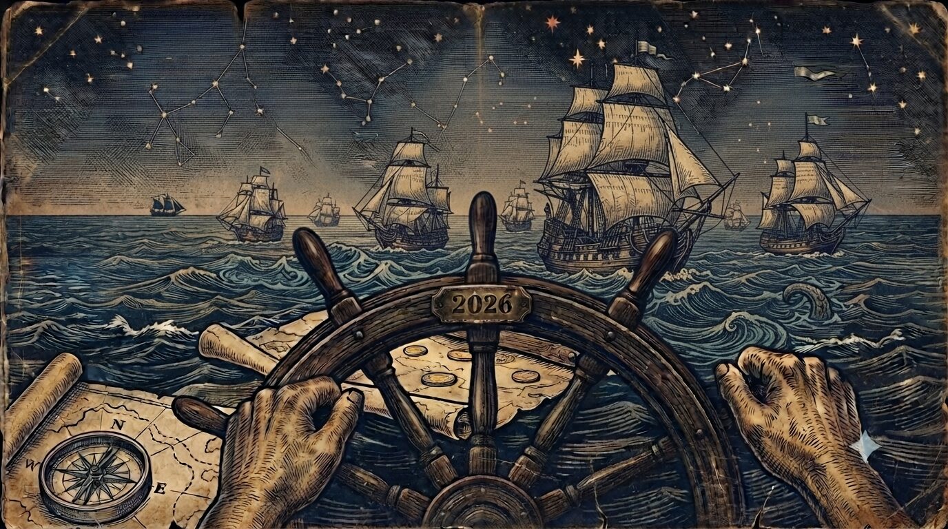 Gestión de cuentas de Amazon. Guía completa para vender sin complicaciones en 2026. Ilustración de galeón y comandante al timón.