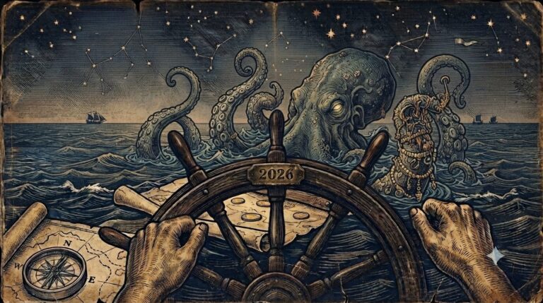 Cómo vender en Amazon sin experiencia. Guía paso a paso para principiantes en 2026. Ilustración xilográfica de un barco dirigiéndose hacia un pulpo gigante que se encuentra en medio del mar.
